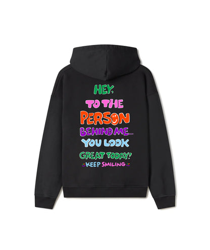 Black 'You Look Great Today!' hoodie by Project Spread Smiles