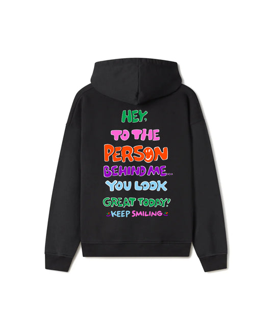 Black 'You Look Great Today!' hoodie by Project Spread Smiles